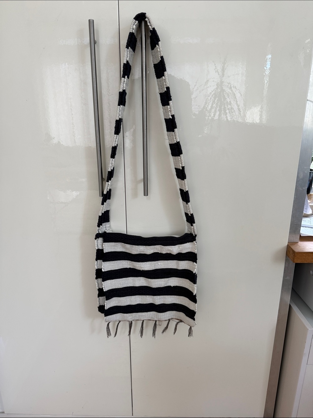 Striped Black & White Crossbody Bag - Casual Woven Shoulder Tote